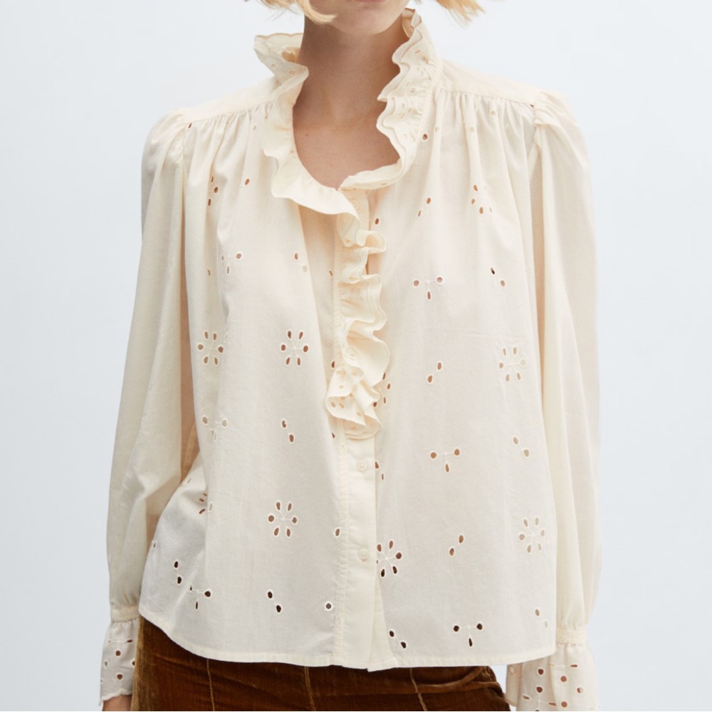 Mango Cream Eyelet Ruffle Trim Blouse